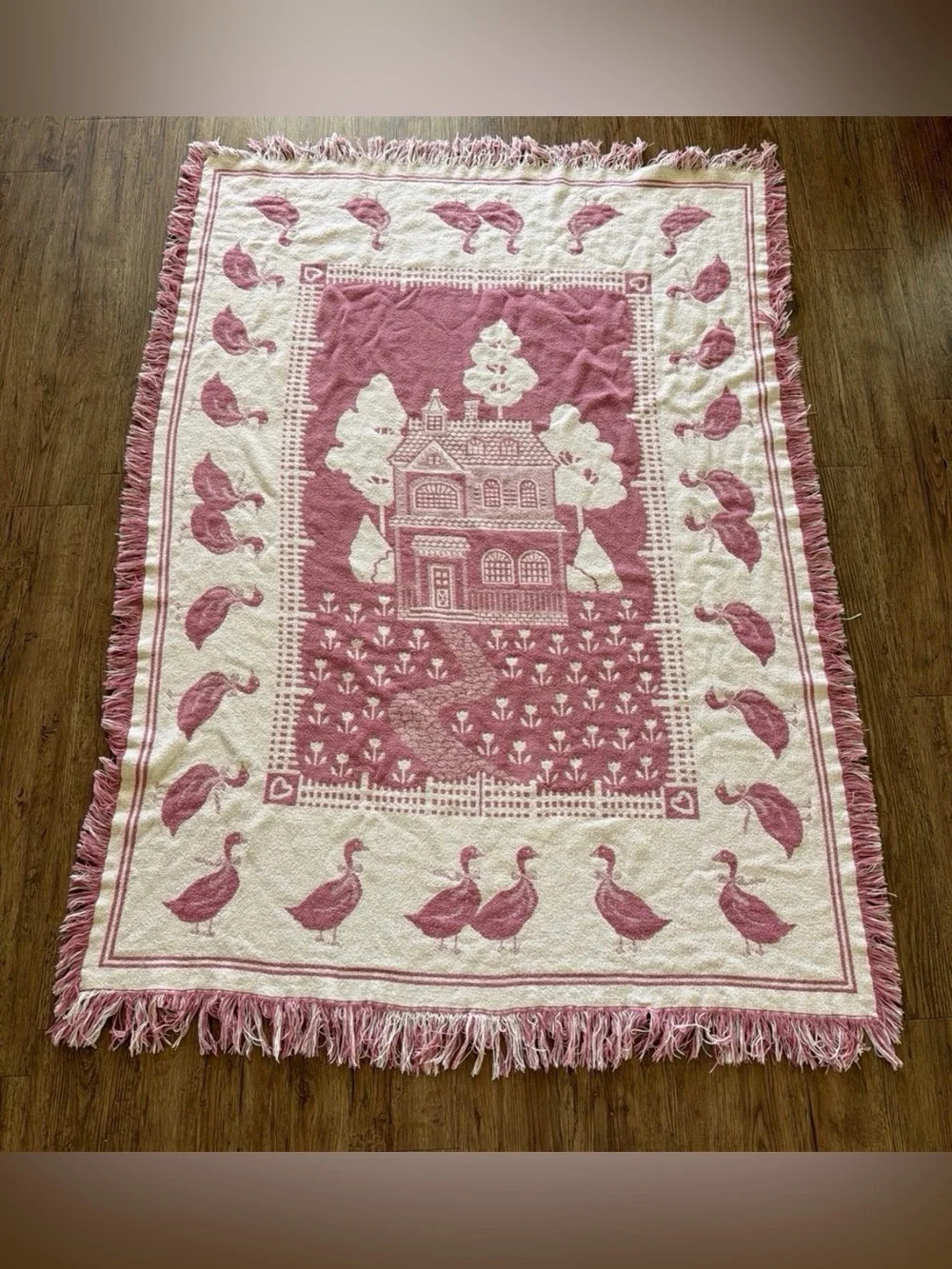 Pink and Cream Cottagecore Country Farmhouse Geese Cotton Woven Throw Blanket
